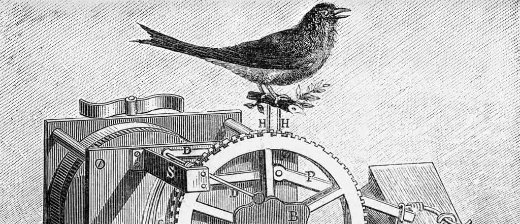 Wheels and cogs with tweeting bird as introduction to simple description of how ChatGPT works for antiques dealers 